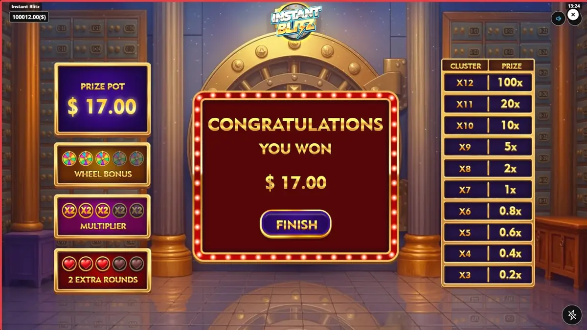 Tampilan visual slot Instant Blitz dengan tema brankas neon dan simbol futuristik.